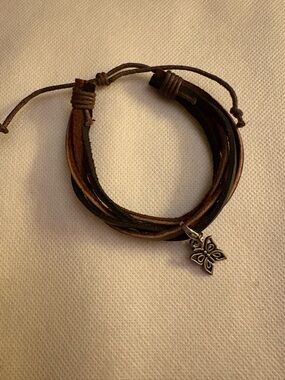 Adjustable Brown Leather Wrap Bracelet with Silver Butterfly Charm